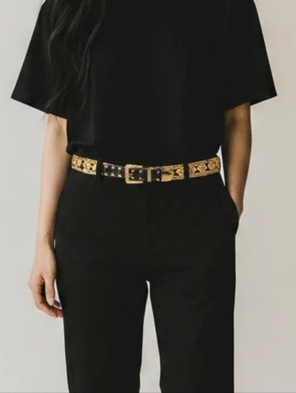 Vintage Black Bonded Leather Belt with Gold Chain Lion Head Detailing